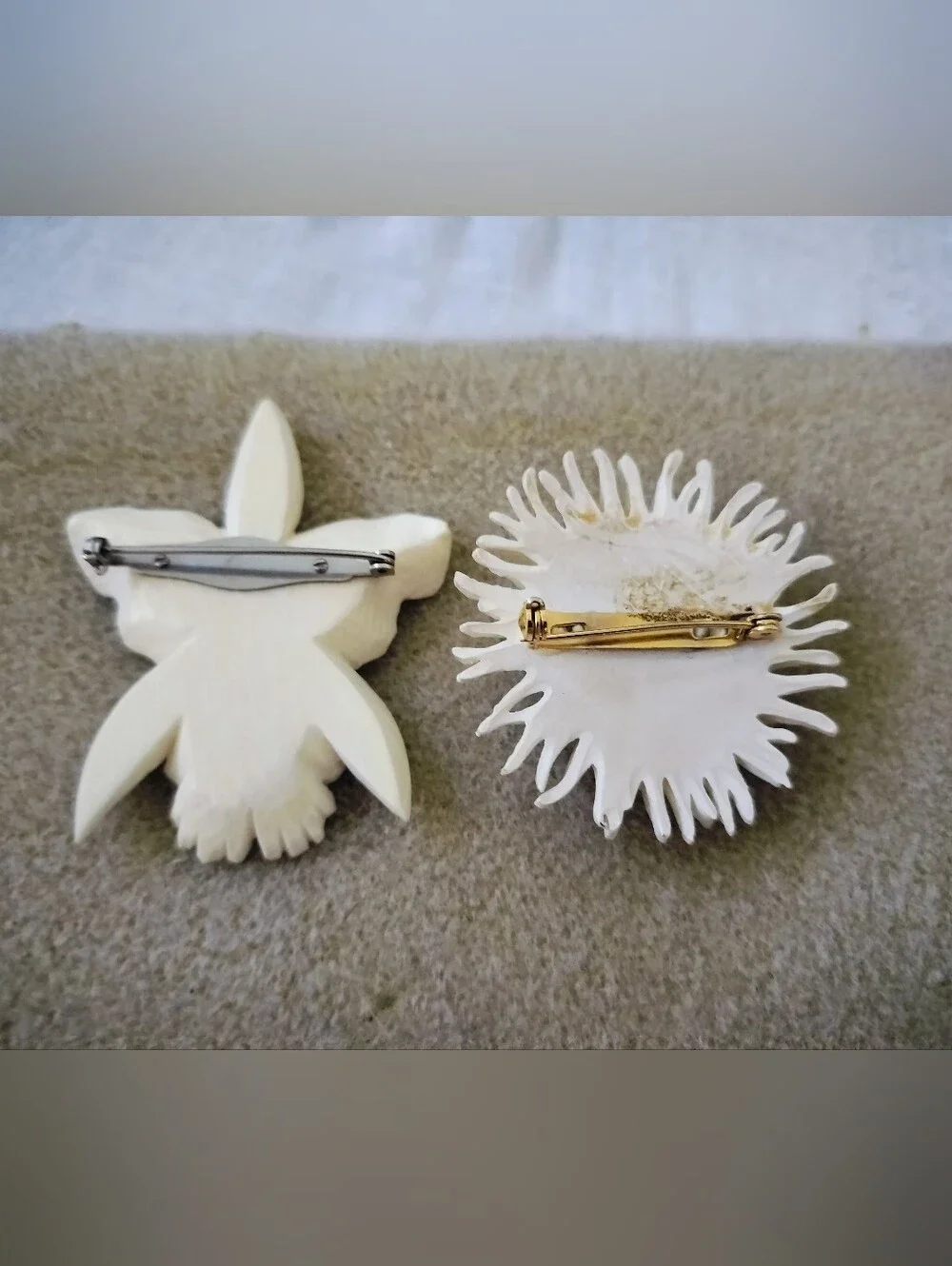 Vintage Carved Cream Floral Brooch Set | White Orchid & Chrysanthemum Pins